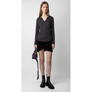 Zadig & Voltaire Women's Sz S Black Long Sleeve Henley Shirt w/ Snake Print